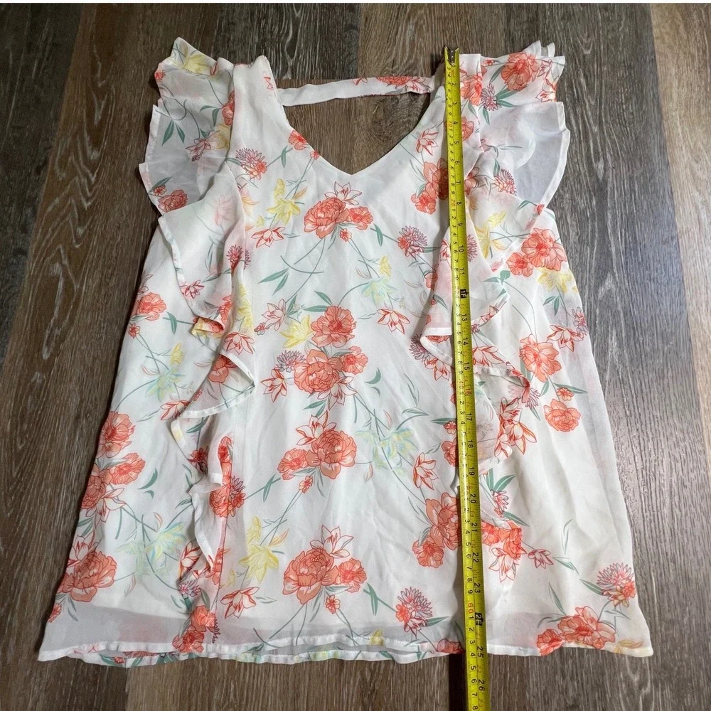 Brand Floral Ruffle Blouse Womens Size S White Orange V-Neck Chiffon Top